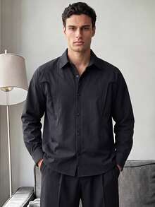 Men's Raglan Sleeve Functional Button Shirt, Pure Black Lightweight Windbreaker Style Long Sleeve Shirt - Black - View 1