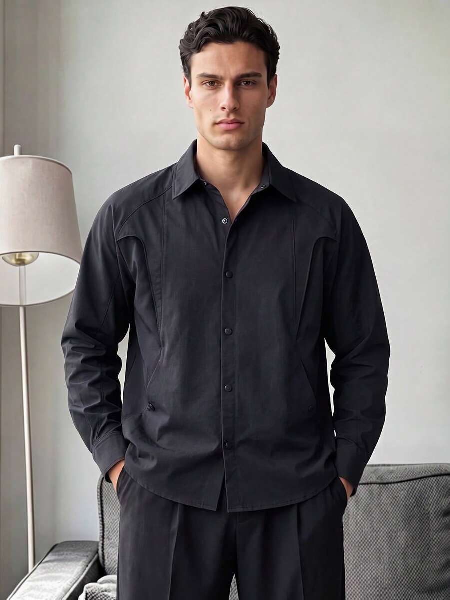 Men's Raglan Sleeve Functional Button Shirt, Pure Black Lightweight Windbreaker Style Long Sleeve Shirt - Black - View 1