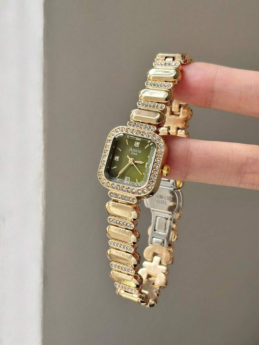 1pc Gold Square Women's Quartz Watch, Green Dial, Rhinestone Bezel, Folding Clasp Strap, Suitable For Daily Wear - Gold - View 1