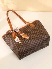 Fashionable Retro Letter Print Women's Tote Bag, Zipper Closure Large Capacity Shoulder Bag, Scarf Bowknot Decoration, Suitable For Work, Shopping And Daily Use - Brown - View 4