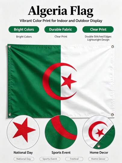 Algerian Flag, High-Quality Algerian National Flag, Vibrant Color, Fade-Resistant Polyester Material, Double-Sided Double-Stitched Edge Craftsmanship, Bright Green, White, Red Color Scheme With Crescent Moon And Star Pattern, Durable And Lightweight, Suitable For Indoor And Outdoor Hanging; Applicable For National Holidays, Patriotic Theme Decoration, Home Wall Decor, Party Celebration, Sports Events, Bar Club Background, Classroom Display, Anniversary, Holiday Gathering