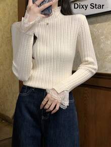 Autumn/Winter Korean Style Elegant Gentle Semi-High Neck Lace 2 In 1 Layering Knit Sweater Tops - White - View 1