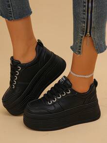 Women's Wedge Heel Thick Sole Sports Shoes Solid Color Casual Shoes - Black - View 3