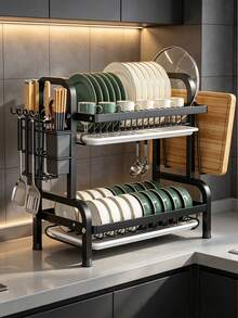 1 Set Premium 2-Tier Metal Dish Drying Rack With Drain Board - Large Capacity Kitchen Organizer For Bowls, Plates, Utensils, Knives And Cutting Boards, Modern Durable Kitchen Rack, Kitchen Dish Rack - Multicolor - View 3