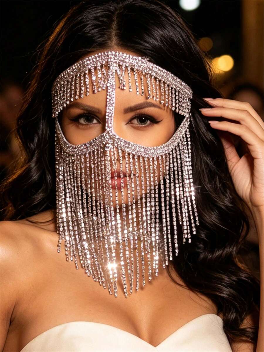 سلسلة طويلة براقة من الراين ستون مع شرابات، إكسسوار وجه كريستالي جذاب ومثير للنساء، مجوهرات موضة للحفلات، هدية - فضي - مشاهدة 1