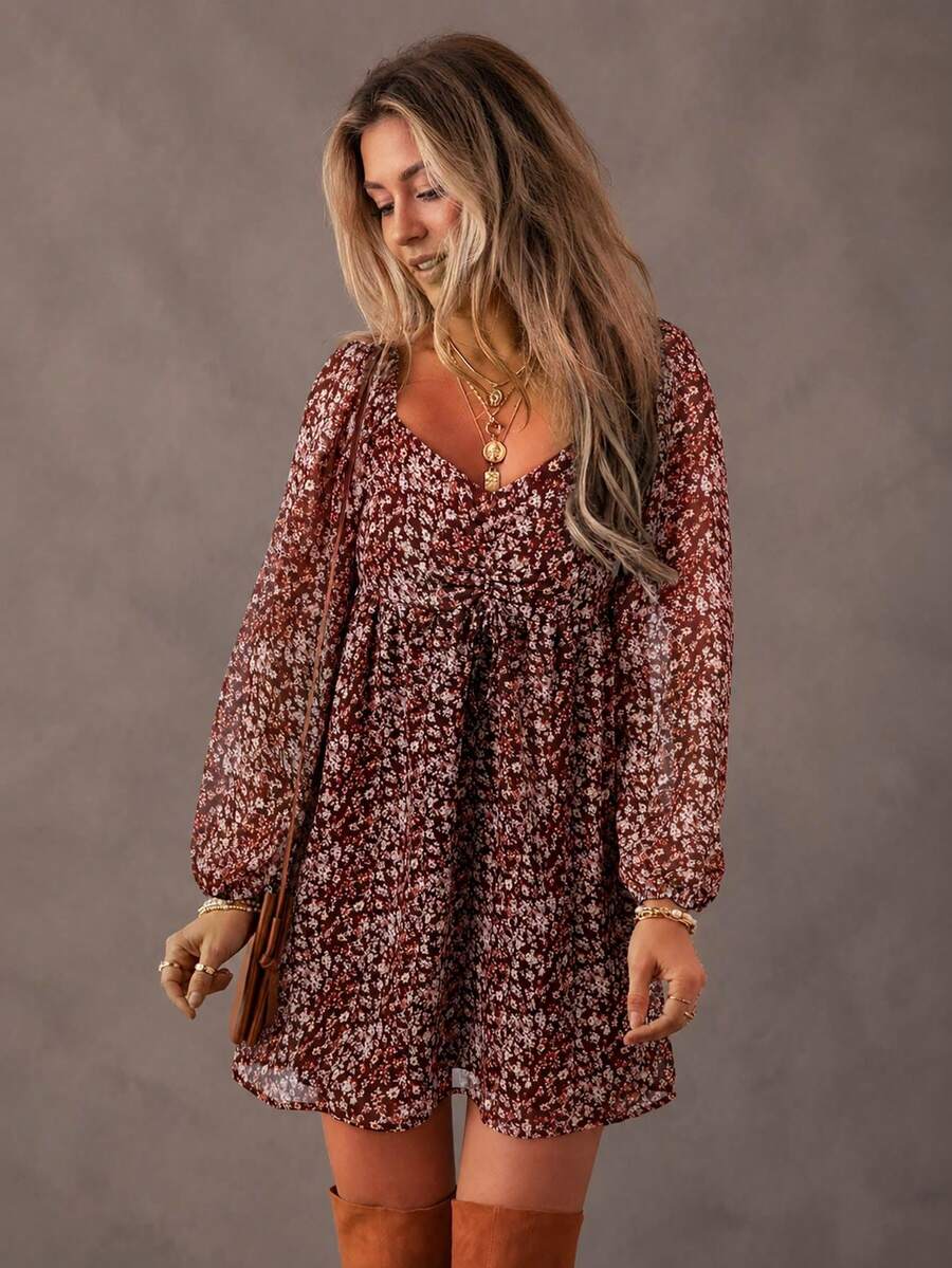 Acelitt Four Seasons Ditsy Floral Dress With Shirred Chest, Patchwork Back, And Lantern Sleeves Elegant Vacation - Burgundy - View 1