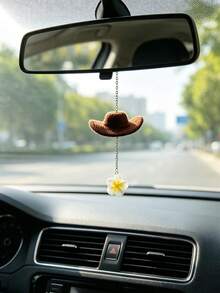 1pc Cowboy Hat Flower Pendant Car Rearview Mirror Hanging Decoration Car Interior Decor Accessory - A - View 2