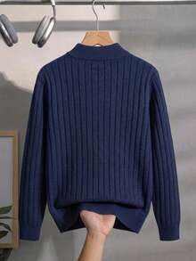Boys' College Style Solid Color Striped Stand Collar Sweater Long Sleeve Knit Pullover, Suitable For School Daily Casual Wear In Spring, Autumn And Winter - Navy Blue - View 4