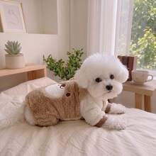 Setelan Hewan Peliharaan 2 Potong Berbahan Plush dengan Motif Hewan Lucu dan Telinga 3D, Pakaian Tebal dan Hangat untuk Anjing Kecil hingga Sedang di Musim Gugur/Dingin - Coklat - View 4