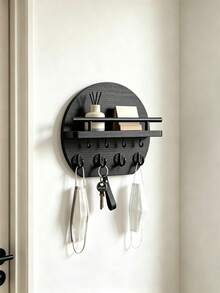 1pc Round Wooden Wall-Mounted Key Rack With Shelf, 4 Metal Hooks Entryway Storage Organizer, Modern Hanging Key Bag Small Items Holder, Hallway Bedroom Apartment Home Decor, Housewarming Gift - Multicolor - View 13