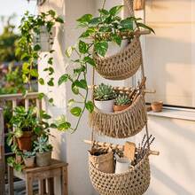3-Tier Bohemian Style Wall-Mounted Hand-Woven Natural Rope Storage Basket, Rustic Hanging Fruit Vegetable Organizer, Space Saving Multi-Functional Macrame Decor For Kitchen Pantry Bathroom Entryway - Multicolor - View 3