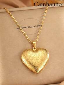 1pc Minimalist Openable Stainless Steel Patterned Photo Frame Pendant Necklace, Commemorative Gift For Loved Ones - Gold - View 5