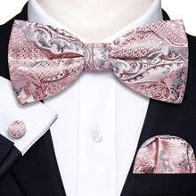 Paisley Striped Bow Tie For Men Silk Pre-Tied Bowtie Pocket Square Cufflinks Set Formal Wedding Party Prom - Pink - View 5