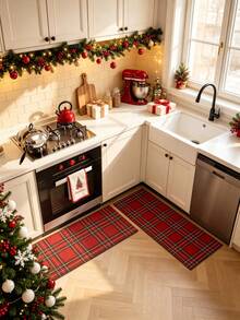 1/2pcs Christmas Floor Mat, Red Buffalo Plaid Pattern, Vintage Diatomaceous Earth Mat, Super Absorbent, Non-Slip, Perfect For Bathroom, Kitchen And Dining Room, Quick Drying, Perfect Gift For Home Decor And Bathroom Mat, Christmas Holiday Gift! - Multicolor - View 2