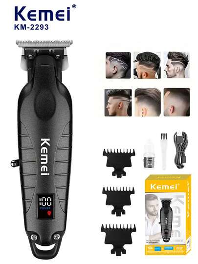 Kemei KM-2293 Professional Electric Hair Clipper, Designed For Barbers, Zero-Gap T-Blade, Sculpting Hair Trimmer, Beard Trimmer, Suitable For Home Or Salon Use, Cordless Hair Clipper With LED Display, Gift For Men