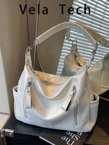 2026新款女款單肩包，小眾設計，大容量，通勤休閒百搭極簡時尚斜挎包，PU紋理牛仔效果，純色，舒適面料，拉鍊開合手提包，可拆卸長肩帶，舒適手提，多個拉鍊口袋，側內袋，大空間容量，附吊飾秋季托特包 - 白色 - 查看 9