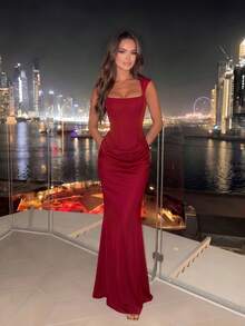 Women's Sleeveless Backless Draped Mermaid Dress With Back Tie Design, Perfect For Formal Occasions And Parties - Burgundy - View 5