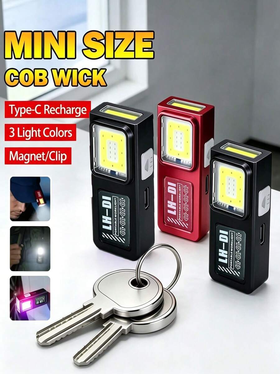2/1pc Mini COB LED Work Light, Type‑C Rechargeable EDC Flashlight With Magnetic Back & Clip, Red‑Blue Warning Strobe Light For Repair, Camping - Mini Work Light Flashlight - View 1