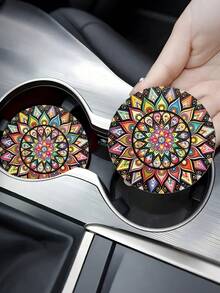 2pcs Boho Mandala Car Cup Coaster, Non‑Slip Decorative Vehicle Cup Holder Insert, Stylish Car Interior Decoration Accessory - Multicolor - View 3