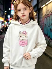 1pc Girls' Long-Sleeve Pullover Hoodie In White, With A Pocket Bow And Cute Cat Design, Perfect For Everyday Wear - Holiday Gift - White - View 1
