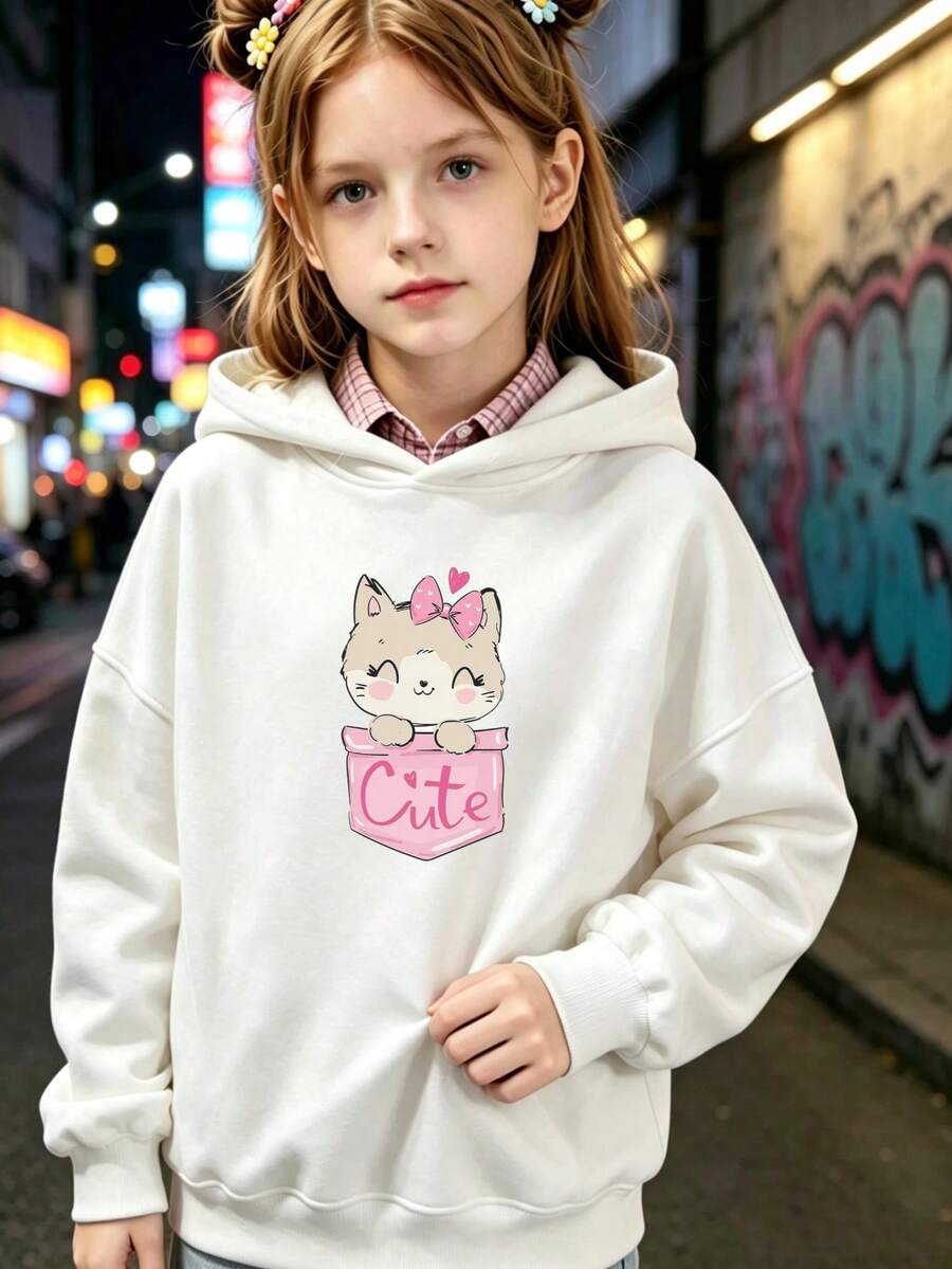 1pc Girls' Long-Sleeve Pullover Hoodie In White, With A Pocket Bow And Cute Cat Design, Perfect For Everyday Wear - Holiday Gift - White - View 1