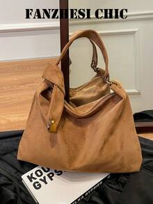 Tote Bag, Minimalist Aesthetic Crossbody Hobo Bag With Side Bow Accessory, Contrast Color Metal Rivet Buckle, Detachable Shoulder Strap, Soft Slouchy Lazy Silhouette, Zipper Closure, Women's Student Campus Commute Handbag Shoulder Large Bag - Brown - View 5