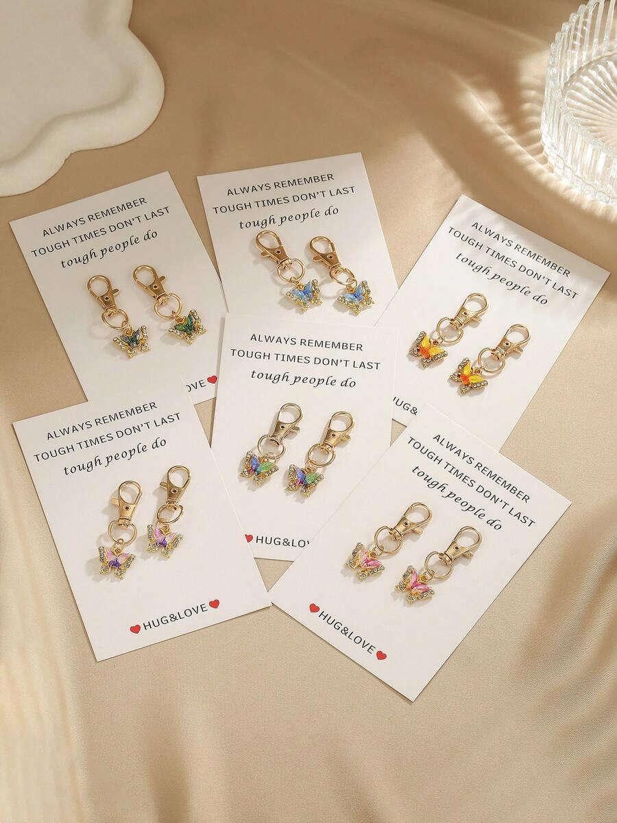 2pcs Dainty Rhinestone Butterfly Keychain, Inspirational Encouragement Gift Bag Charm, Aesthetic Backpack Accessories, Key Ring For Teen Girls - Multicolor - View 1