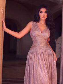 Women's Romantic Long Sleeve Deep V-Neck Dress, Pleated Detail Design, Flared Hem, Glamorous Style - Dusty Pink - View 3