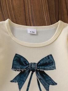 Baby Girl Spring/Autumn Casual 2-Piece Set, Waffle Knit Flutter Sleeve Long Sleeve Denim Cherry Bow Print Top + Dark Denim Frayed Hem Cherry Patchwork Straight Leg Pants - Apricot - View 6