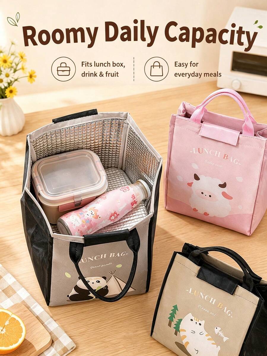 Cute Animal Forest Cartoon Lunch Bag, Portable Large Capacity Meal Tote Bag, Student Campus Office Travel Picnic Food Container Storage Bag, Cute Pattern With Handle Reusable Lunch Storage Bag, Daily Outdoor Dining Accessory