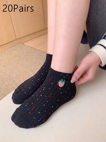 20/10/5/1 Pairs Women's Embroidered Short Invisible Socks, Multi-Color Cartoon Style, Breathable Moisture-Wicking Soft, Suitable For All Seasons And Multiple Occasions, Fresh Strawberry Embroidery - Multicolor - View 17