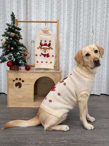 1pc Cute Christmas Reindeer Jacquard Knit Pet Sweater With Bell Decoration, Soft And Warm Winter Dog Clothes, Christmas Holiday Outfit For Medium And Large Dogs - Apricot - View 5