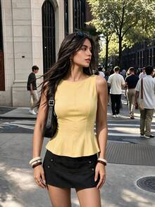 1pc Solid Color Knit Fabric Ruffle Trim Casual Top, Summer - Pale Yellow - View 2