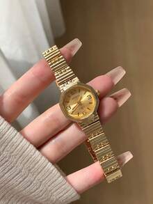 復古八角形女款石英手錶，金色錶盤，極簡混搭刻度，拋光金色八角形錶殼，金色錶帶，日常佩戴 - 金色 - 查看 7
