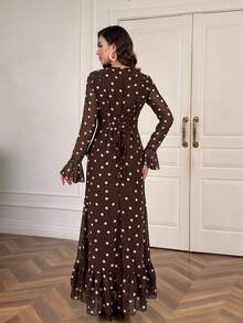 Women's Elegant Long Ruffle Hem Polka Dot Dress - Brown - View 7