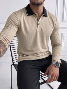 Men's Lapel Casual Versatile POLO Shirt, Commute Outdoor Sports Long Sleeve Shirt - Khaki - View 1