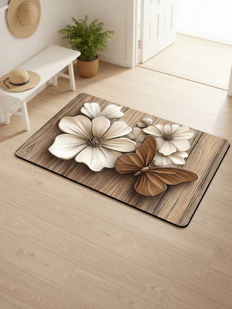 1pc Butterfly Flower Bathroom Mat, Bathroom Decor Mat! Vintage Floral Butterfly Diatomaceous Earth, High-End Decorative Carpet, Cool Tone Decor, Suitable For Living Room, Bedroom, Diatomaceous Earth, Bathroom Mat, Bathroom Carpet, Door Mat, Small Carpet, Carpet, Mat, Home Decor, Area Rug - Multicolor - View 4