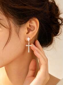 1pc Women's / Cross Earrings Vintage Classic Full Zirconia Inlaid Minimalist Exquisite Gentle Elegant Suitable For Birthday Party, Gathering, Christmas, Thanksgiving, Easter - Multicolor - View 2