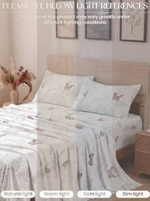 4-Piece Fashion Butterfly & Floral Pattern Bedding Set, Easy Care Soft Bedding, Floral Fitted Sheet Set (1 Flat Sheet + 1 Fitted Sheet + 2 Pillowcases), Deep Pocket Fits Up To 11.8 Inches, Soft & Breathable, Back To School Dorm Bedding Set - White - View 6