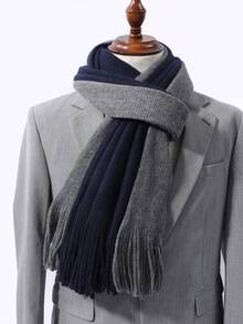 1Pc Men Black Grey Reversible Soft Knitted Warm Tassel Scarf Classic Business Winter Neck Scarf For Office Outdoor Daily - Multicolor - View 4