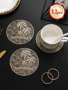 6-24pcs Coconut Tree Wave Hollow Coasters, Luxury Style PVC Round Heat-Insulating Non-Slip Coasters Suitable For Dining Table, Afternoon Tea, Home Party - Multicolor - View 17