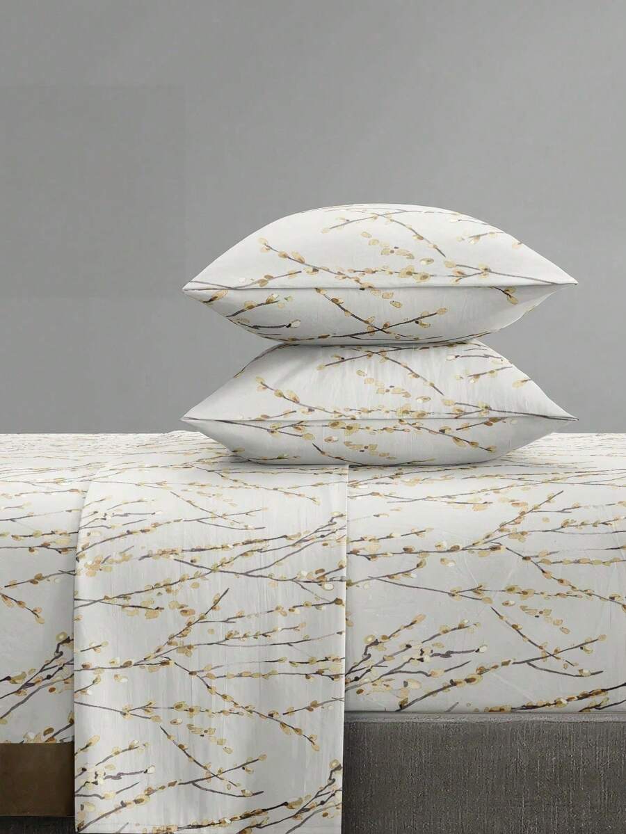4-Piece Floral Plant Pattern Bedding Set, Easy Care Soft Bedding Set, Includes 1 Flat Sheet + 1 Fitted Sheet + 2 Pillowcases, Suitable For King/Queen/Full/Twin Sizes, Deep Pocket Fitted Sheet Up To 11.8 Inches, Soft Breathable Wrinkle-Resistant - Beige - View 1