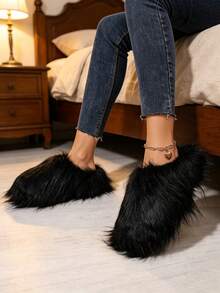 Women's Fuzzy Long Fluffy Fur Mule Slippers, Winter Warm Closed Toe Slip On Shoes, Indoor Outdoor Fashion Plush Slides - Black - View 3