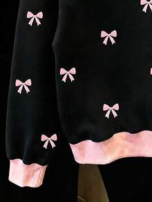 Youth Girl Bowknot Pattern Print Crew Neck Long Sleeve Sweatshirt - Black - View 4