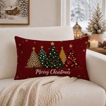 1pc Christmas Red Christmas Tree Merry Christmas Illustration Pattern Cushion Cover, Single-Sided Printed Peach Skin Velvet Material, 30*50/40*60CM Pillowcase Suitable For Room Decoration, Modern Minimalist Sofa Living Room Decoration, Party Decoration, Gift Giving - Multicolor - View 2
