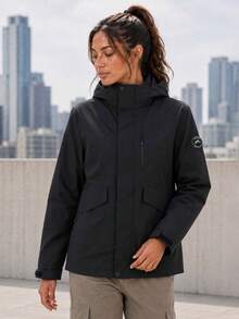 AODSR Women's Black Hooded Utility Jacket With Zippered Chest Pocket, Flap Pockets And Adjustable Cuffs For Casual Outdoor Wear - Black - View 4
