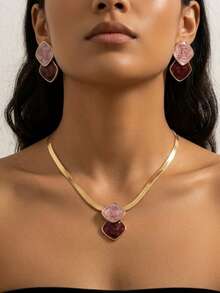 3pcs Vintage Artistic Style Wine Red & Purple Gradient Square Necklace & Earrings Set, Featuring Gold Snake Chain With Double-Layer Asymmetrical Square Pendant And Matching Earrings, Oil Painting-Like Blended Colors And Unique Design, Suitable For Dates, Art Exhibitions Or Elegant Commute Occasions, Showcasing Artistic Elegant And Unique Fashion For Women - Yellow Gold - View 5