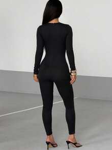 AiTyi Designer Metal Buckle Hollow Long Sleeve Fitted Jumpsuit, High Elasticity Slim Fit, Back To School Autumn Party Y2K Style - Black - View 9