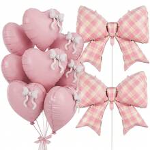 12pcs Pink Checkered Bow Balloons And Heart Balloons Set Birthday Party Decorations For Women Valentine's Galentine's Day - View 5
