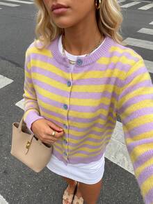 Light Purple & Yellow Striped Knit Cardigan, Round Neck Wavy Hem Single-Breasted Long Sleeve Sweater Jacket - Pale Purple-yellow - View 1